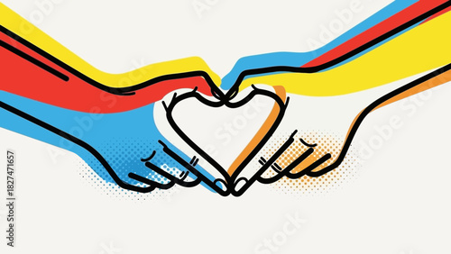 Vibrant hands come together in a heart shape, symbolizing love, unity, and connection in a playful, modern design, perfect for social impact campaigns