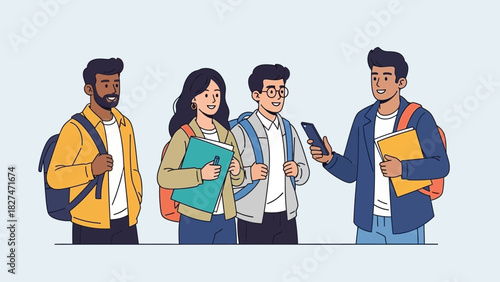 Diverse students collaborating, sharing information with mobile technology, a modern take on education and teamwork, perfect for back to school campaigns