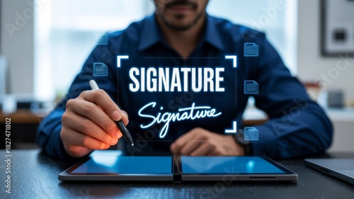 A person is digitally signing a document on a tablet, with the word 