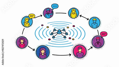 Dynamic communication network connecting diverse individuals for collaboration and information sharing, ideal for illustrating teamwork and global connections