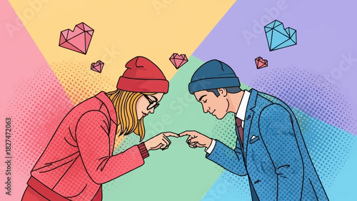 Trendy couple playfully connecting with fingertips, surrounded by heart gems in a modern pop art style for expressing connection and love, perfect for Valentine's Day
