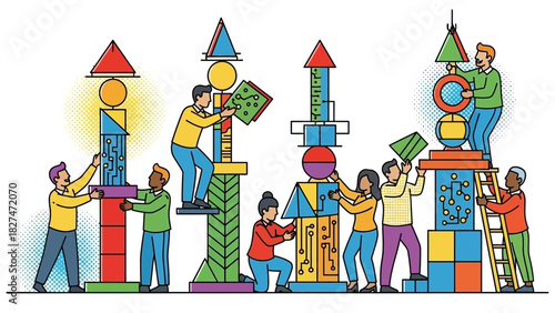 Innovative team building colorful structures with interconnected shapes for tech startup growth, symbolizing collaboration and creative problem solving, modern design