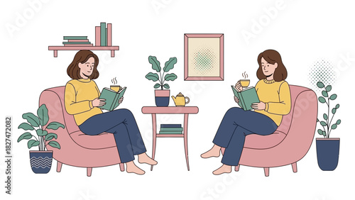 Relaxing at home with a book and tea, a moment of tranquility and self-care, woman enjoying leisure time, perfect for wellness, lifestyle, and cozy concepts
