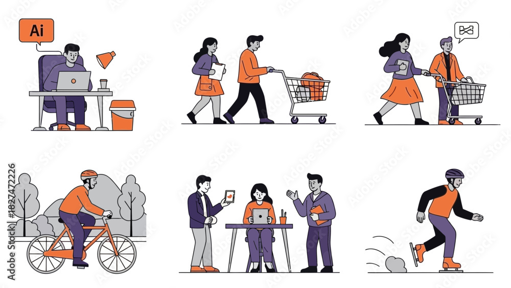 Fototapeta premium Diverse lifestyles in vector art showcasing work, shopping, outdoor activities, and collaboration, ideal for modern design, marketing, and business projects