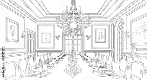 Elegant Dining Room Scene with Ornate Chandelier and Table Setting, Detailed Line Art Illustration
