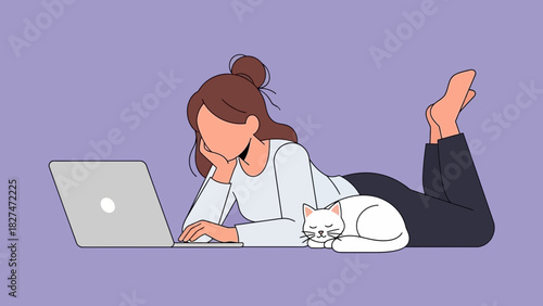Relaxed woman works from home with her sleeping cat, enjoying the comfort and flexibility of her remote work lifestyle on her laptop