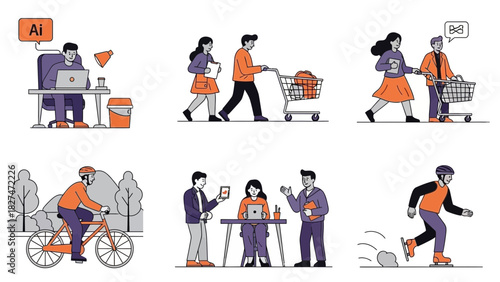 Diverse lifestyles in vector art showcasing work, shopping, outdoor activities, and collaboration, ideal for modern design, marketing, and business projects