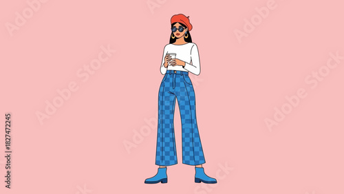 Stylish woman in beret and sunglasses holding coffee, radiating Parisian chic, perfect for fashion blogs, lifestyle content, or modern design projects