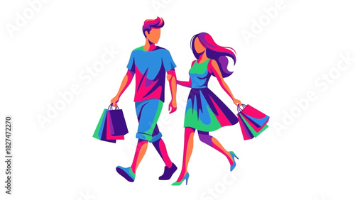 Stylish couple enjoying a shopping spree, colorful design perfect for retail ads, fashion blogs, and vibrant lifestyle content, originally from vector graphics