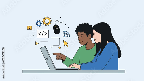 Modern students collaborating on coding project, teamwork for software development, diverse young adults learning programming skills, digital learning concept