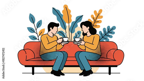 Stylish couple enjoying coffee together at home, relaxing on comfortable couch with plants, perfect for friendship, love, and cozy lifestyle concepts