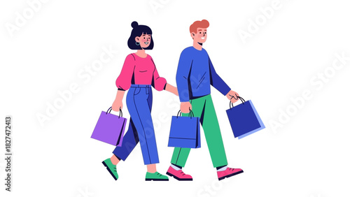 Stylish couple enjoying a shopping spree, bags in hand after successful retail therapy, perfect for advertising, lifestyle, or holiday campaigns