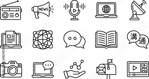 Communication, Media, and Information Icon Set, Vector Digital Content, Broadcast, Radio, Social Networking, and Online Education Symbols