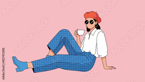 Stylish woman in beret and sunglasses enjoying coffee break, vector illustration for fashion blog, trendy design, modern lifestyle, originally a scalable graphic
