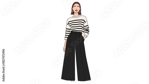 Stylish woman in striped sweater and wide-leg pants, embodying modern chic and fashion-forward elegance, perfect for lifestyle and fashion illustrations