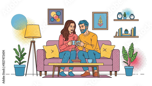 Cozy couple sharing coffee at home on sofa, enjoying quality time together, in a living room filled with plants and art, perfect for lifestyle concepts