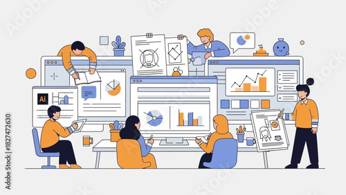 Dynamic team collaborating on innovative designs and charts, driving business growth with creative teamwork, originally a scalable vector graphic for modern appeal
