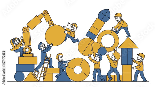 Diverse team building together using modular geometric shapes, showing collaboration, teamwork, and construction in a playful, energetic style illustration