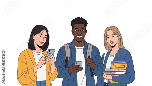 Diverse students connect, chat, and carry books on campus, embodying modern education, tech integration, and youthful aspirations in a friendly learning space