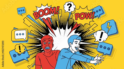 Excited and worried people in comic book style art, showing different reactions to news, with chat bubbles, boom and pow expressions, originally vector graphics