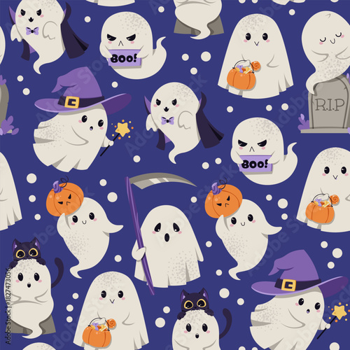 Halloween Seamless Pattern with Cute Ghost Vampire, Witch, Reaper, Tombstone, Pumpkin, Cat, Candy Seamless Pattern. Repeat Background for Textile, Party Decor, Gift Wrap and Festive Design.