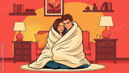 Cozy couple snuggling under a blanket in a charming living room, enjoying intimate time together in their home, warmth and love, perfect for relaxation