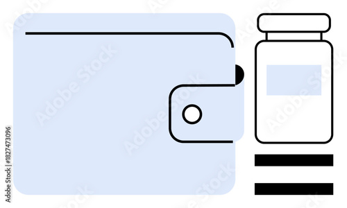 Minimalist wallet beside a medicine bottle with lines emphasizing connection. Ideal for healthcare cost, pharmacy payment, insurance, digital payment, e-wallet, medicine access, simple flat metaphor
