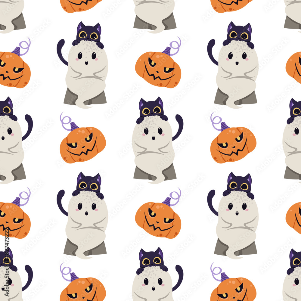 Fototapeta premium Cute Ghost with Black Cat and Pumpkin Seamless Pattern. Halloween Repeat Background for Textile, Gift Wrap, Party Decor, Scrapbooking and Festive Design