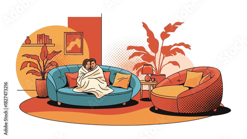Cozy couple snuggling on sofa wrapped in blanket, sharing love in comfortable living room, ideal for home decor and lifestyle content needs
