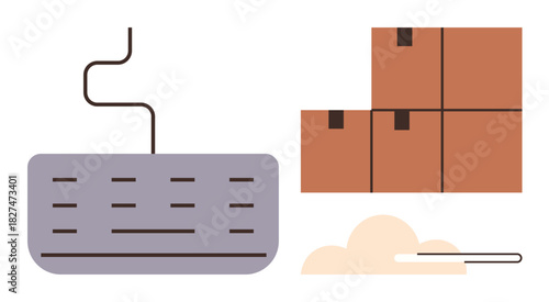 Keyboard connecting to cloud storage and stacked boxes symbolizing logistics and technology integration. Ideal for e-commerce, shipping, cloud computing, storage, automation, data sync, productivity