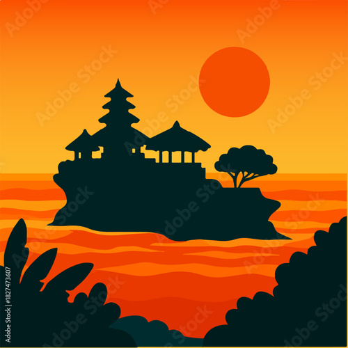 Asian Pagoda Temple On Island At Vibrant Sunset Landscape Illustration