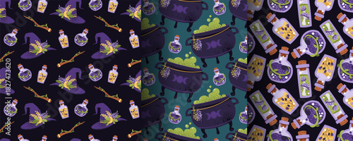 Mystic Halloween Seamless Pattern Set with Witchcraft Elements. Cauldron, Potions, Witch Hat and Magic Accessories. Flat Design Occult Backgrounds for Textile, Gift Wrap, Party Decor.
