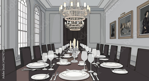 Elegant Formal Dining Room Scene with Long Table, Chairs, Chandelier, and Paintings