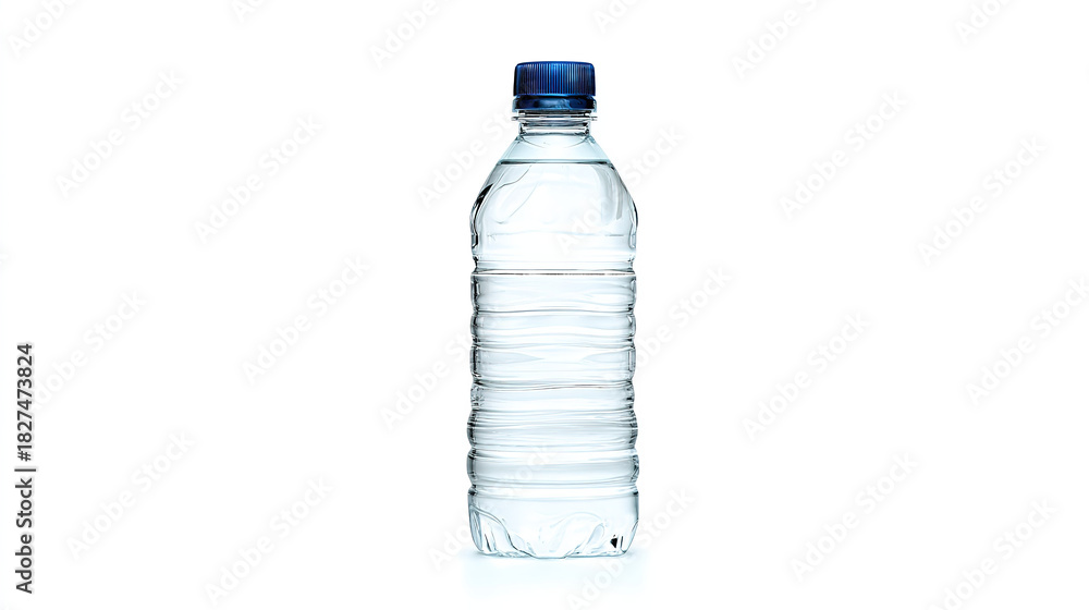 Fototapeta premium Upright Transparent Plastic Water Bottle Blue Cap Full Drinking Water Healthy Hydration Decor Material 