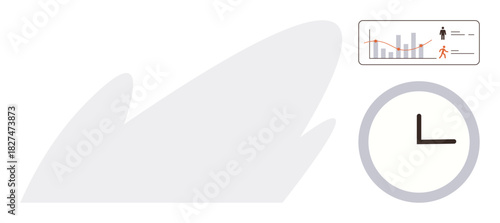 Graph analytics dashboard with bars and trends, human figures, and a minimal clock. Ideal for time management, analytics, teamwork, strategies, workflow, productivity efficiency simple flat