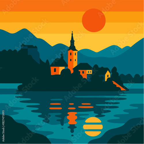 European Lake Village With Mountains At Sunset Travel Landscape Illustration