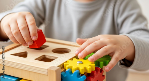 Child’s hands playing with wooden shape sorter and gear toy. Development of motor and cognitive skills.