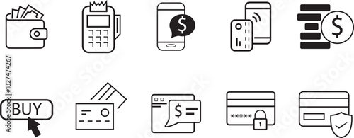 Online payment set web line art vector icon. vector art of wallet, e-wallet, credit, card, cash, transaction etc