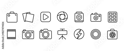 Photography icon set featuring camera, tripod, lens, and photo-related symbols, vector graphic illustration perfect for digital design, website interfaces, mobile apps, creative projects, and multimed