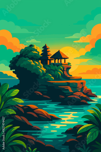 Tropical Coast Temple On Cliff At Sunset Bali Travel Illustration