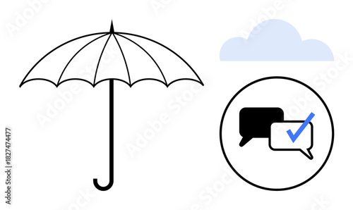 Black umbrella with two speech bubbles inside a circle and a blue checkmark, accompanied by a cloud. Ideal for insurance, communication, weather, safety, validation, online security, simple flat