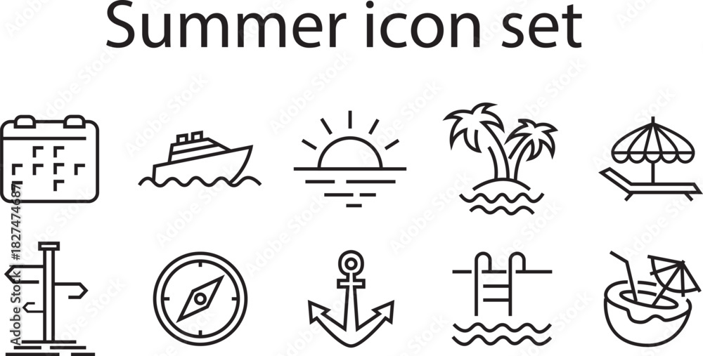 Fototapeta premium Summer set line art icon. vector linear art of beach, travel, sunset, boat, relax etc