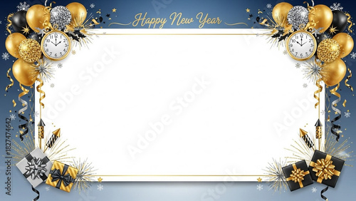 New Year Celebration Frame with Balloons, Clocks, and Gifts