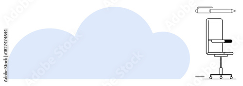 Minimal cloud with office chair and pen icon highlighting work, innovation, and technology. Ideal for workspaces, cloud computing, innovation, digital connectivity, creativity, design workplace
