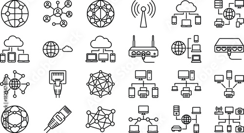 Internet and Network Connectivity Icon Set, Vector Global Communication, Wireless Wi-Fi, Cloud Computing, LAN Cable, and Data Exchange Symbols
