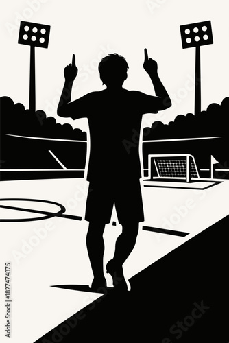Soccer Player Silhouette Celebrating Goal In Stadium Illustration