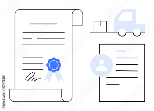 Scroll paper with a signature and seal, delivery truck with cargo, and document profile. Ideal for certification, logistics, contracts, shipping, personal files credentialing or agreements. Clean