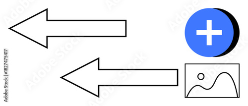 Data transfer concept. Data exchange arrows flow between multimedia symbol and add icon. Data connecting technologies for communication, media sharing, and online collaboration tools. Broad include