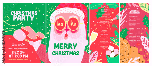 A bright and playful Christmas set featuring a festive “Christmas Party” poster, a fun Santa illustration with “ho ho” sunglasses, a holiday drink menu, and a snack menu. All elements are hand-drawn i