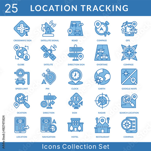 Location Tracking icon set collection in blue style. an icon pack contain road, compass, gps, globe, satelite, direction sign, overtake, speed limit, pin, clock